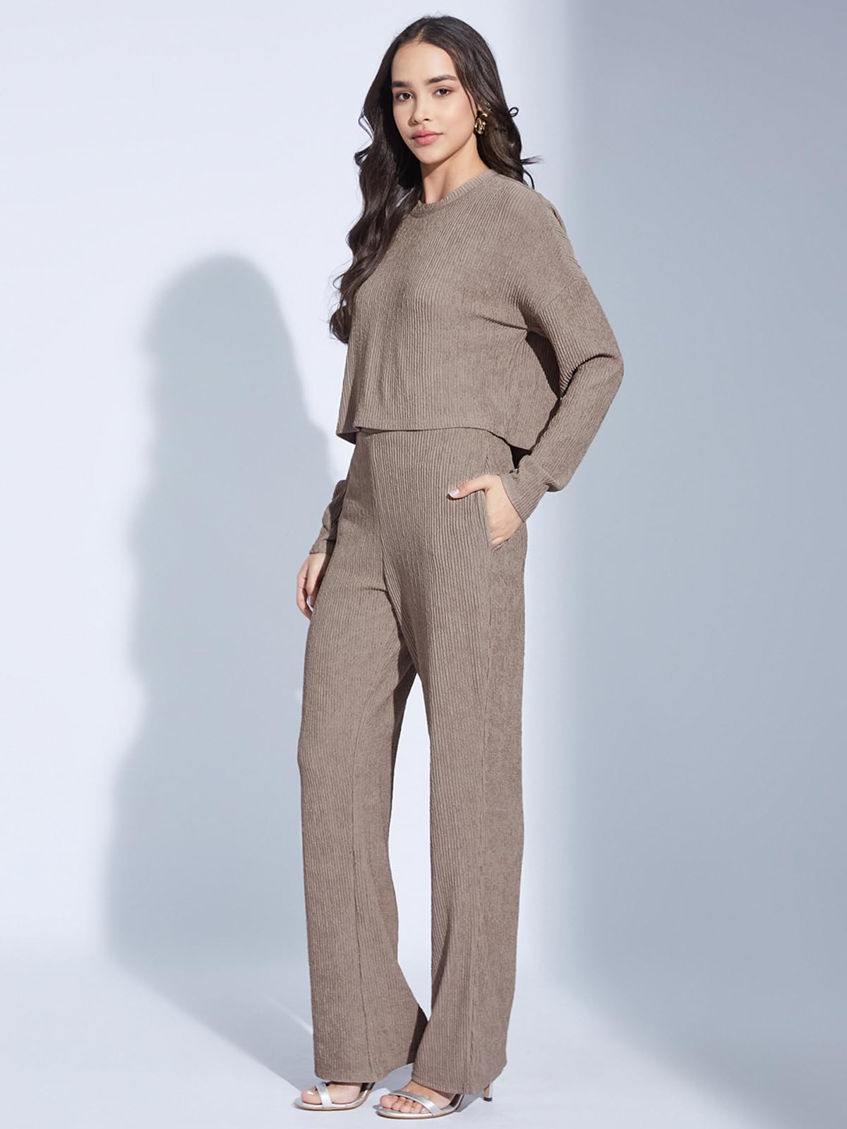 Selvia Women's Full Sleeve Textured Lycra Round Neck Top & Trouser 2 Piece Co-ords Set (759CTK11881N-S_Soft Brown) - Image 3 thumbnail
