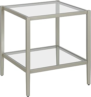 Henn&Hart 20" Wide Square Side Table with Glass Shelf in Satin Nickel, Table for Living Room, Bedroom