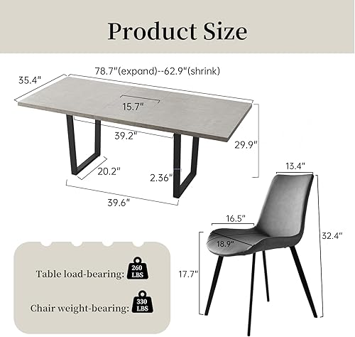 Miniatura 132 de Combinación de mesa de comedor y silla moderna extensible de 63 a 79 pulgadas, juego de mesa de comedor familiar de 6/8 personas, tablero de mesa de