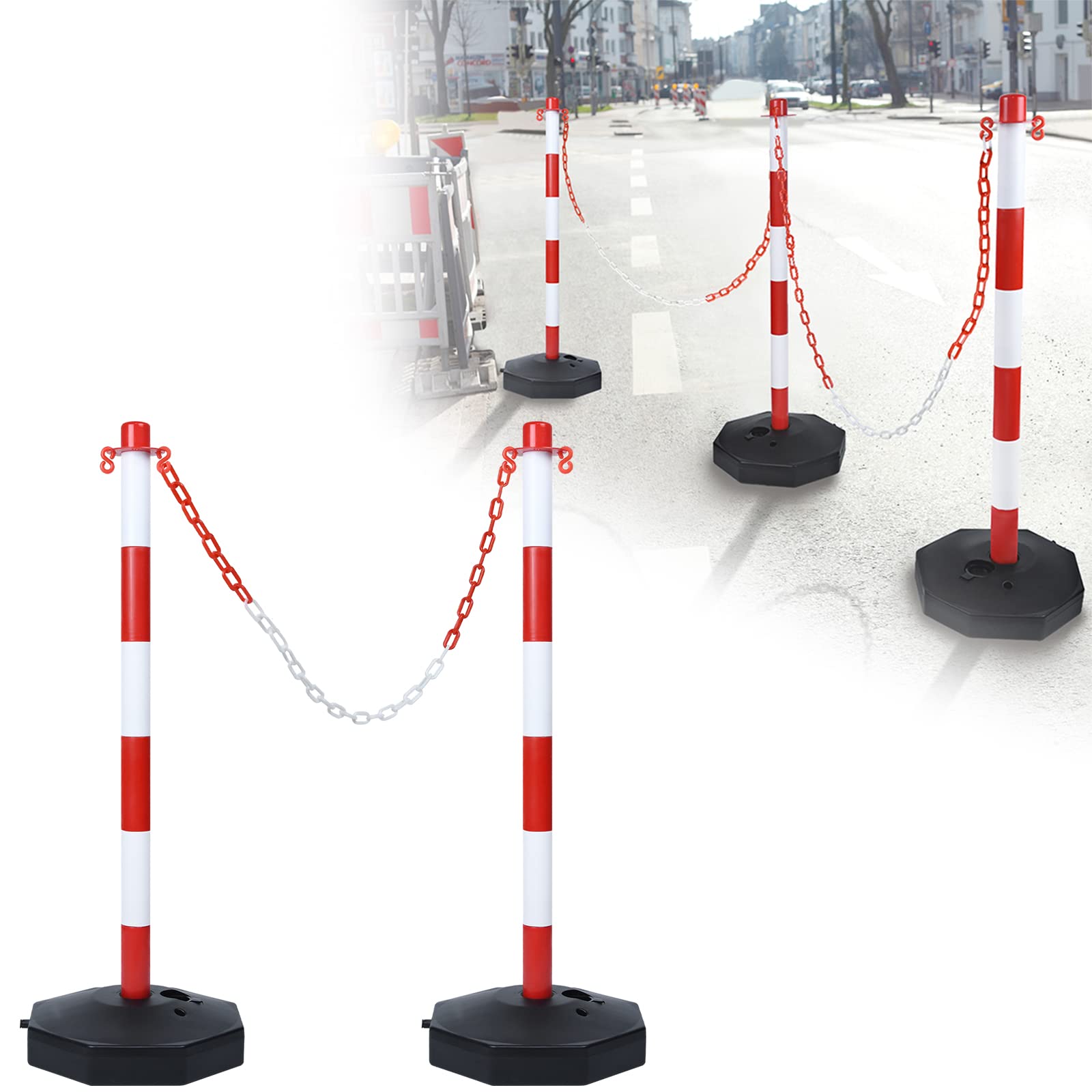 Poteaux de Barrière 2 pcs Potelets en Plastique avec Chaîne 140cm Poteau de Base PE PP 82cm Flexible Signalisation Cône Inclus Rouge+Blanc