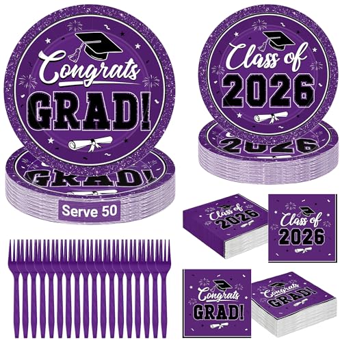 Image of Graduation Party Supplies Set for 50 Guests, Purple Graduation Plates and Napkins 2026, 200Pcs Disposable Grad Plates, Napkins, Dessert Plates and Forks for 2026 Wedding, Birthday, School Ceremony