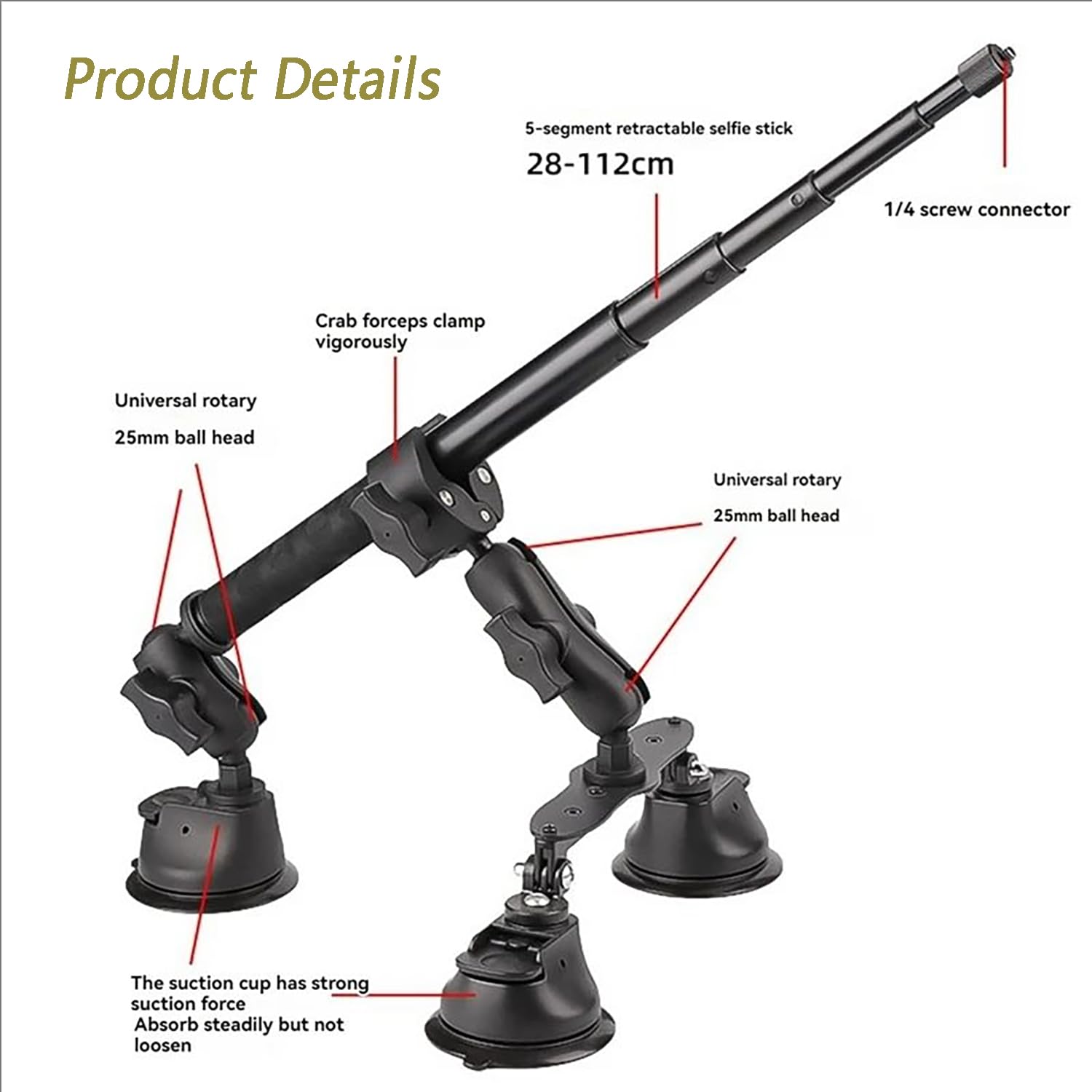 Juego De Soporte para Coche con Triple Ventosa,con Alargador/Selfie Stick 2 En 1 De 112 Cm,Adecuado para Insta360,Soporte De Triple Ventosa para Parabrisas y Ventanillas De Coche