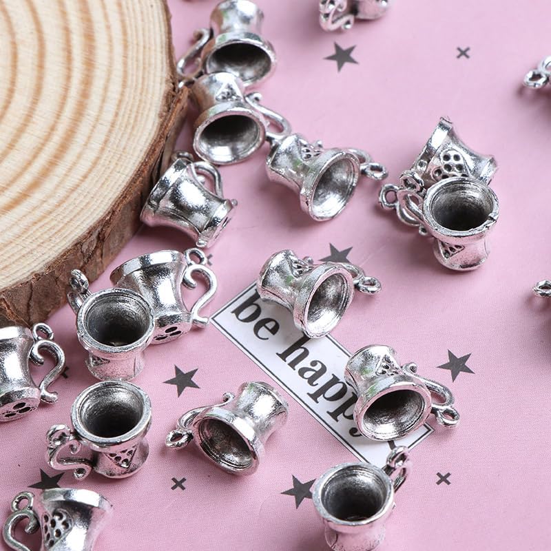 Miniatura 8 de Opexicos 50 dijes para taza de café, para tazas de té, diseño de tono plateado envejecido, accesorios hechos a mano para manualidades, 3D, 0.394 x