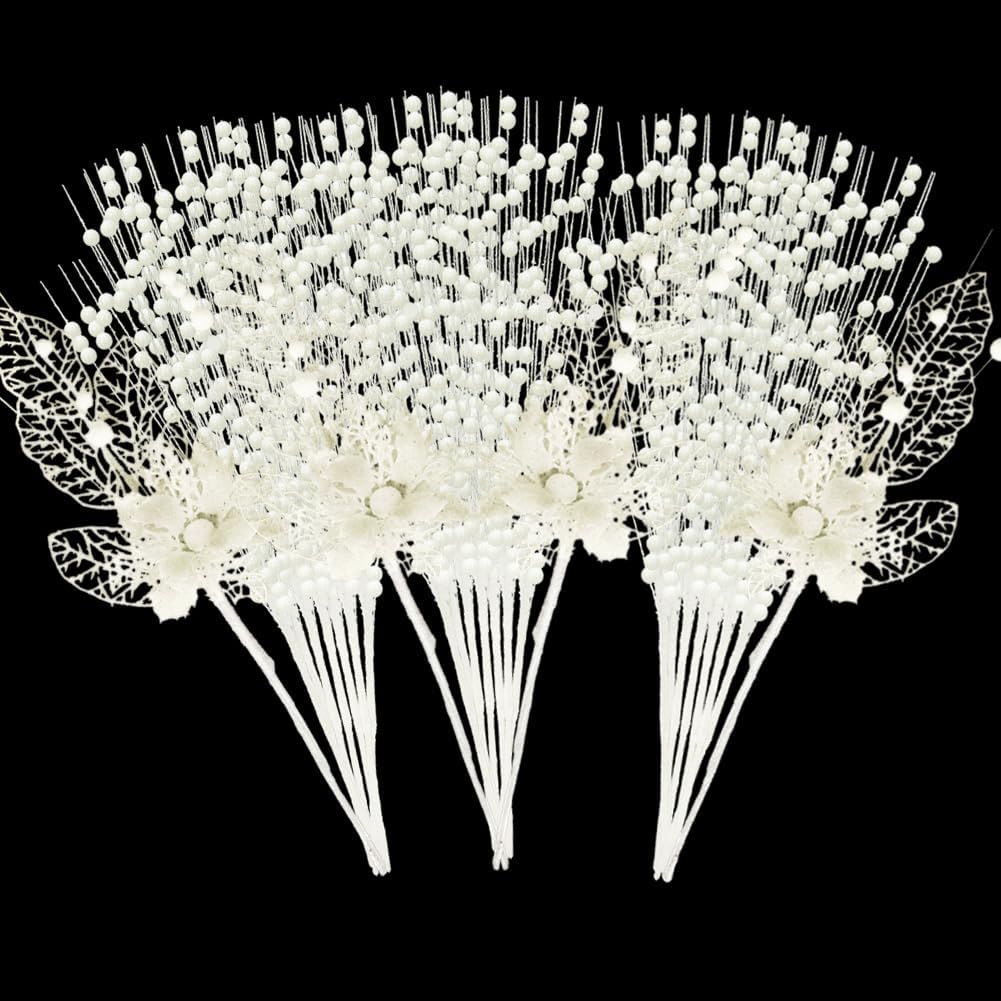 ROSELEAF 28 Pack White Christmas Tree Ornaments, Artificial Glitter Berry and Flowers Stem Branches Picks Twigs for Xmas Tree Decoration Gift Decor Small Vase Filler Home Holiday Wedding Party Decor ROSELEAF 28 Pack White Christmas Tree Ornaments, Artificial Glitter Berry and Flowers Stem Branches Picks Twigs for Xmas Tree Decoration Gift Decor Small Vase Filler Home Holiday Wedding Party Decor