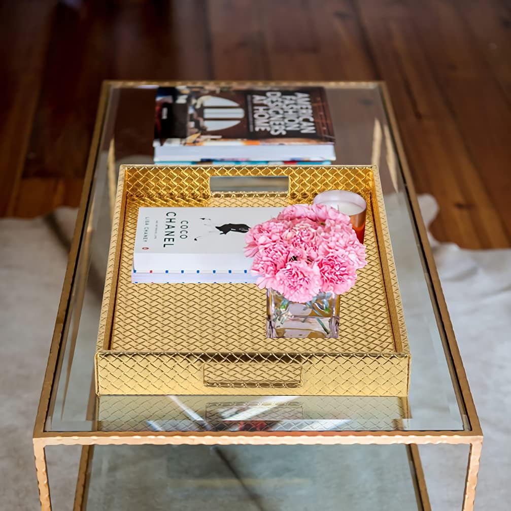 HofferRuffer Rectangle Serving Tray with Hole Handles for Coffee Table, Breakfast, Tea, Food, Butler - Countertop, Kitchen, Vanity Serve Tray, 16.2 x 12.2 x 2 inches, Faux Leather (Gold) - Image 5
