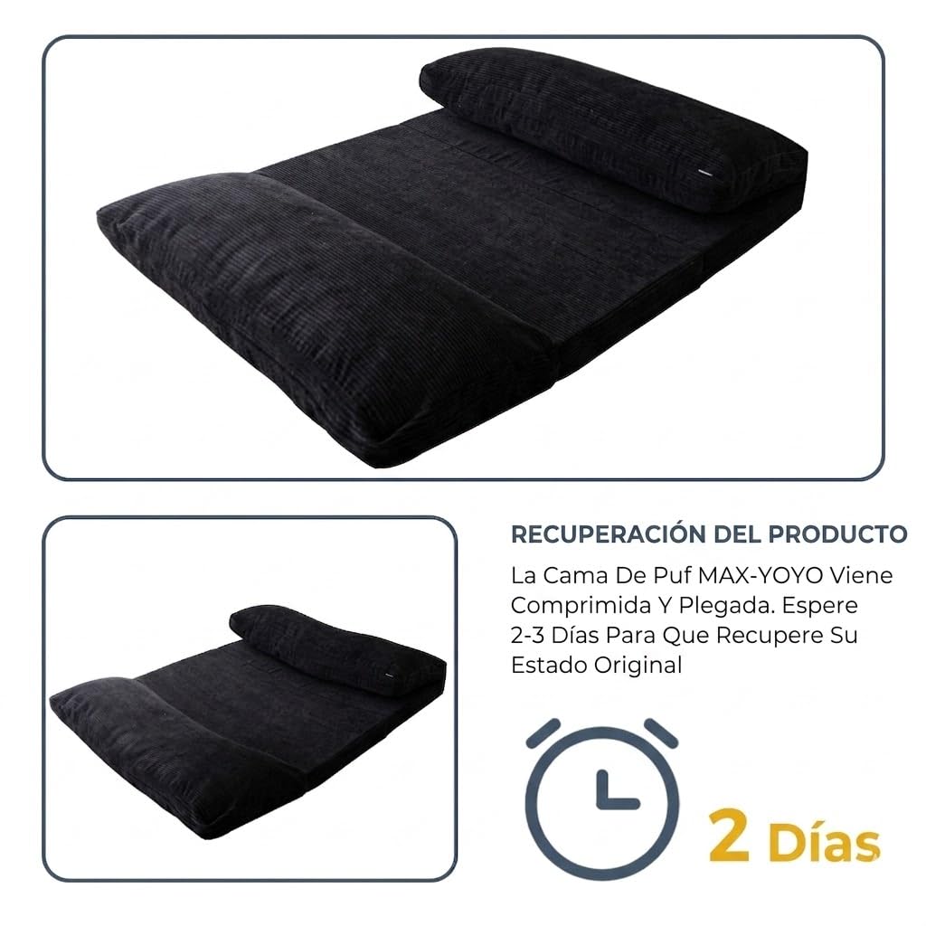 MAXYOYO - Puf plegable de pana con relleno de espuma, extra grueso, 4 capas, colchón/sofá de suelo para adultos, funda extraíble y lavable a máquina, color negro, 135 x 240 cm