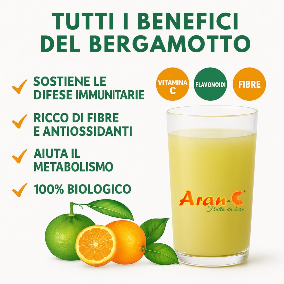 Aran-C – Succo di Bergamotto di Calabria 100% Biologico, Spremuto a Freddo, Ricco di Antiossidanti, Senza Zuccheri Aggiunti – Confezione 12x200ml in Vetro
