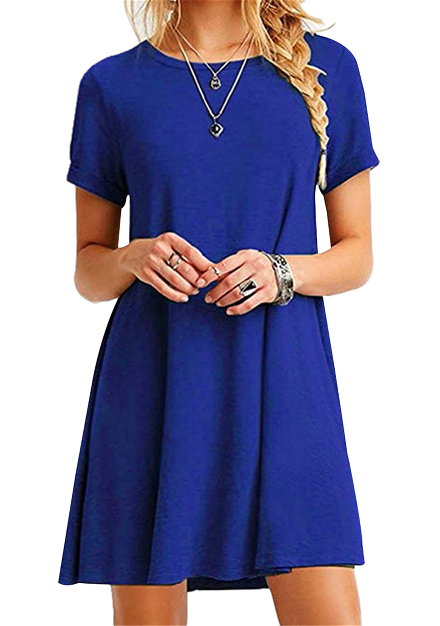 OMZIN Vestido De Mujer Manga Corta Casual Cuello Redondo Tops Camisa Larga Vestido De Verano Túnica Talla 2XS-5XL