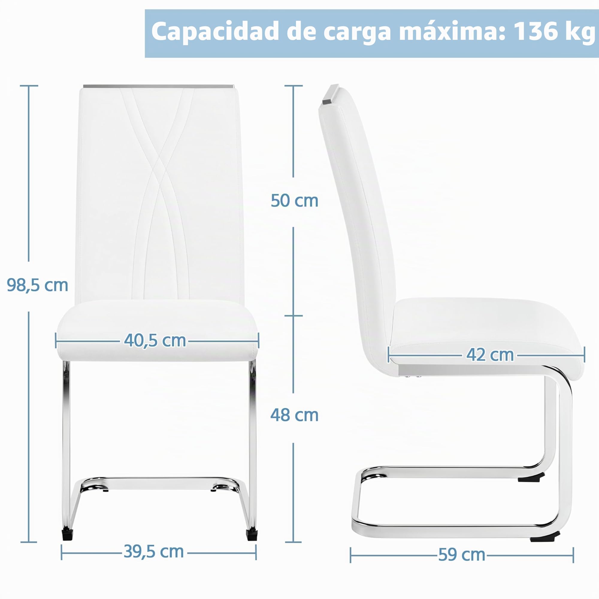 Yaheetech Juego de 4 Sillas de Comedor Cocina Moderna Piel Sintética Blanca | Conjunto de 4 Sillas de Cocina, Sillón Tapizado de Piel Sintética, Pata de Metal, Silla Modernas, Asinto Tapizado