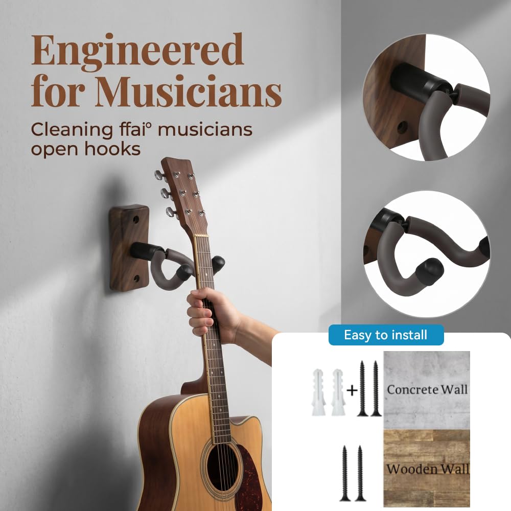 Lot de 4 Supports Muraux en Bois de Noyer Noir pour Guitare Support Mmural pour Guitare et Basses avec Bras Pivotant à 360° et Patin en Caoutchouc Porte Guitare Mural Noyer pour Salon, Studio