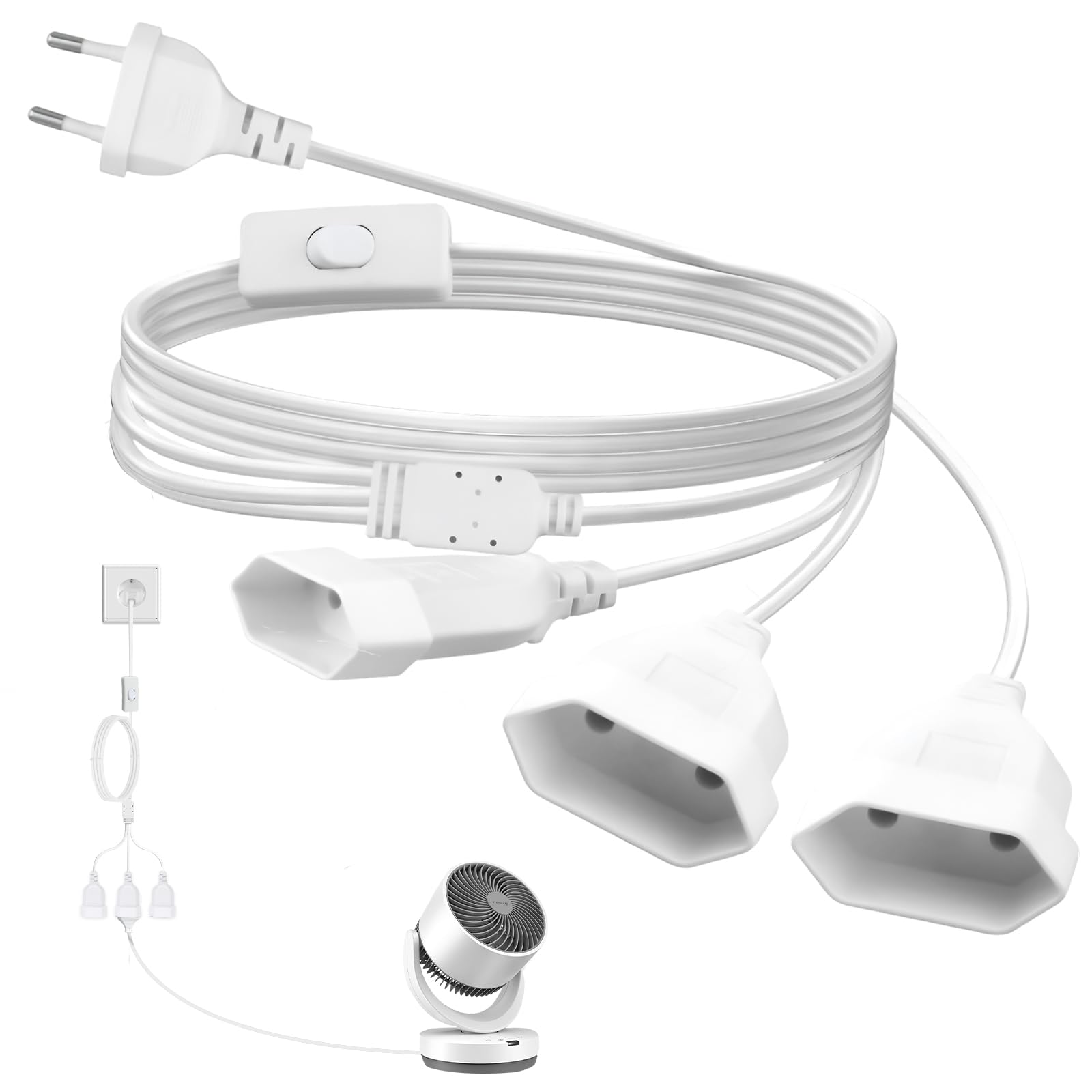 Eurostecker Verlängerung mit Schalter 3 in 1 Flachstecker Verlängerungskabel 2m 250V/2.5A MaxVerlängerungskabel Flachstecker für Büro Wohnzimmer TV PC Computer Monitor (Weiß)