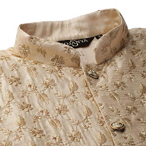 Image of SOJANYA (Since 1958 Men's Cotton Linen Maroon Kurta and White Pyjama with Mustard Cotton Nehru Jacket