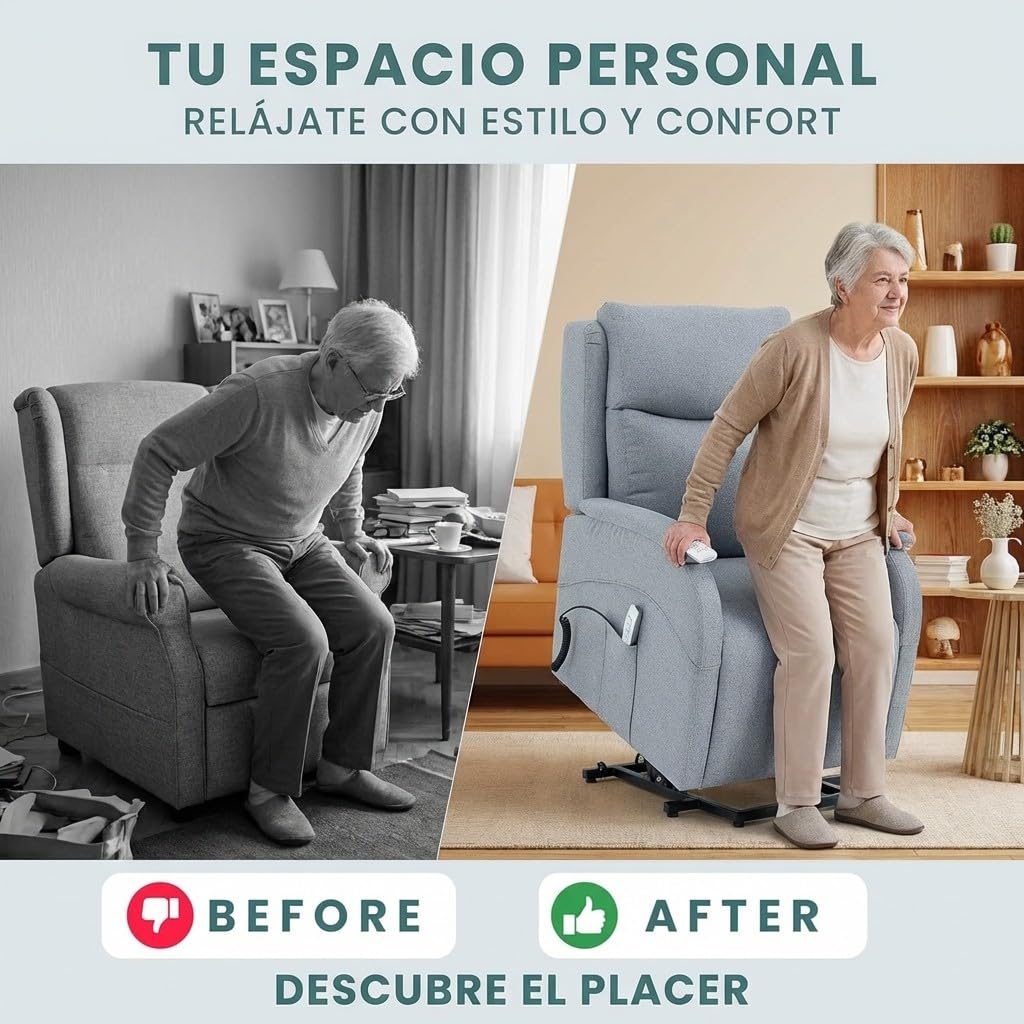 Sillón Levanta Personas Eléctrico | 2 Motores Independientes | Función Reclinable, Elevación de Pies | Desenfundable | Ruedas con Bloqueo | Ergonomía, Máximo Confort | Medidas 108x68x96/163cm (Gris)