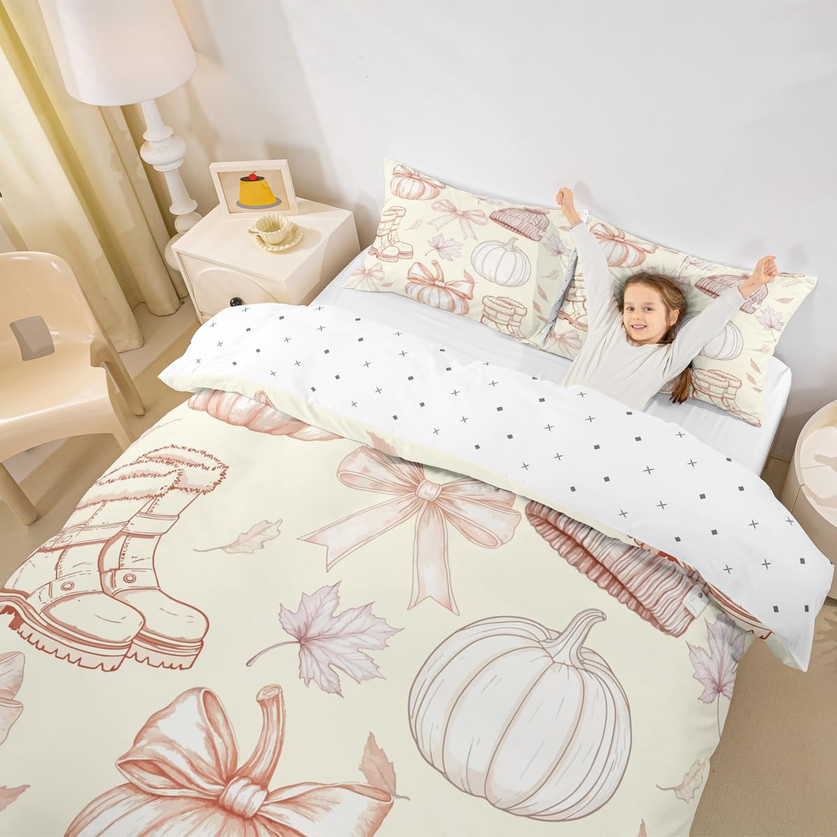 Homewish Bow Super King poszewka na kołdrę dynia zestaw pościeli kokarda liście klonu kapelusz but beżowy pomarańczowy poszewka na kołdrę dziewczyny kobiety dzieci ciepłe miękkie zestawy pościeli