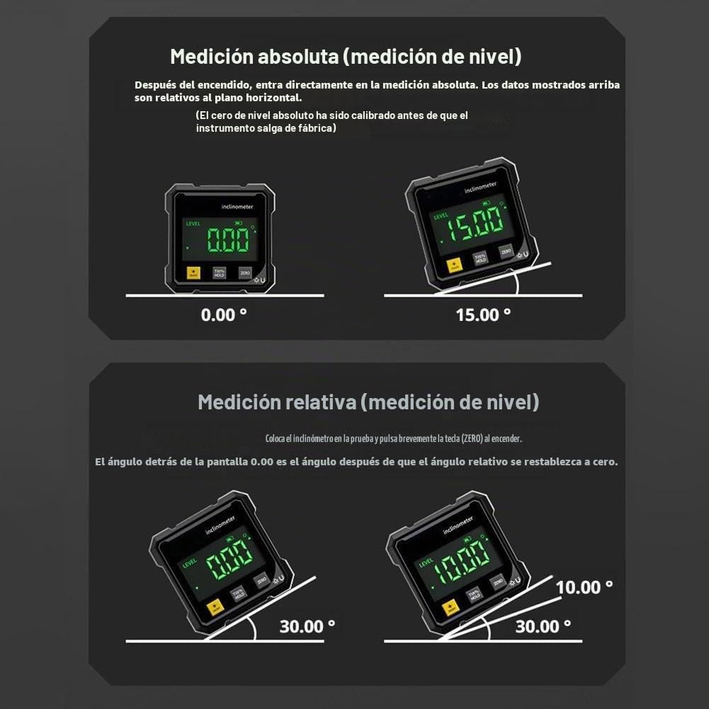 Medidor de ángulo digital magnético de 4 lados, herramienta transportadora de buscador de ángulos digital, herramienta de medición de alta precisión de 4 x 90° con pantalla grande, inclinómetro de