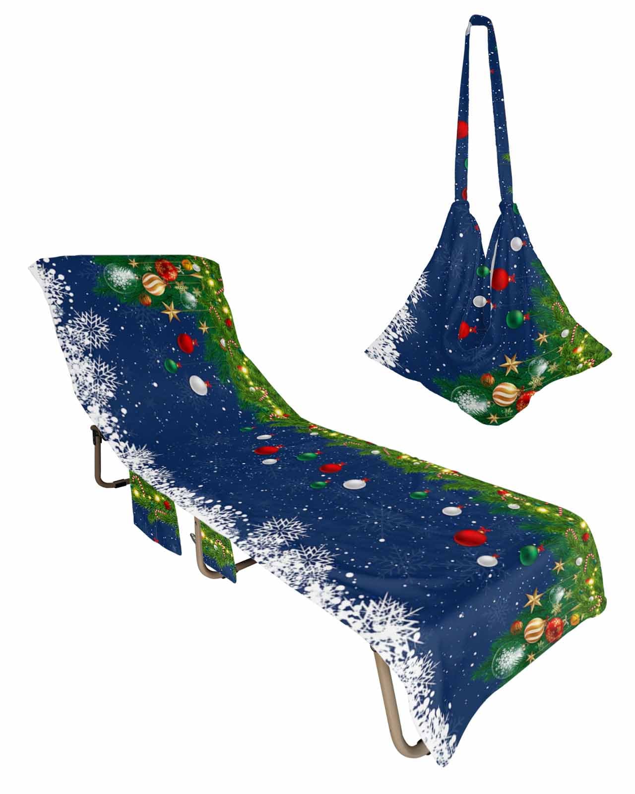 Blue Christmas Beach Chair Towel Covers for Chaise Lounge with Side Pocket, Soft Plush Pool Towels Cover for Patio Sunbathing Outdoor 29''x85'' Xmas Snowflake Red Balls Branches
