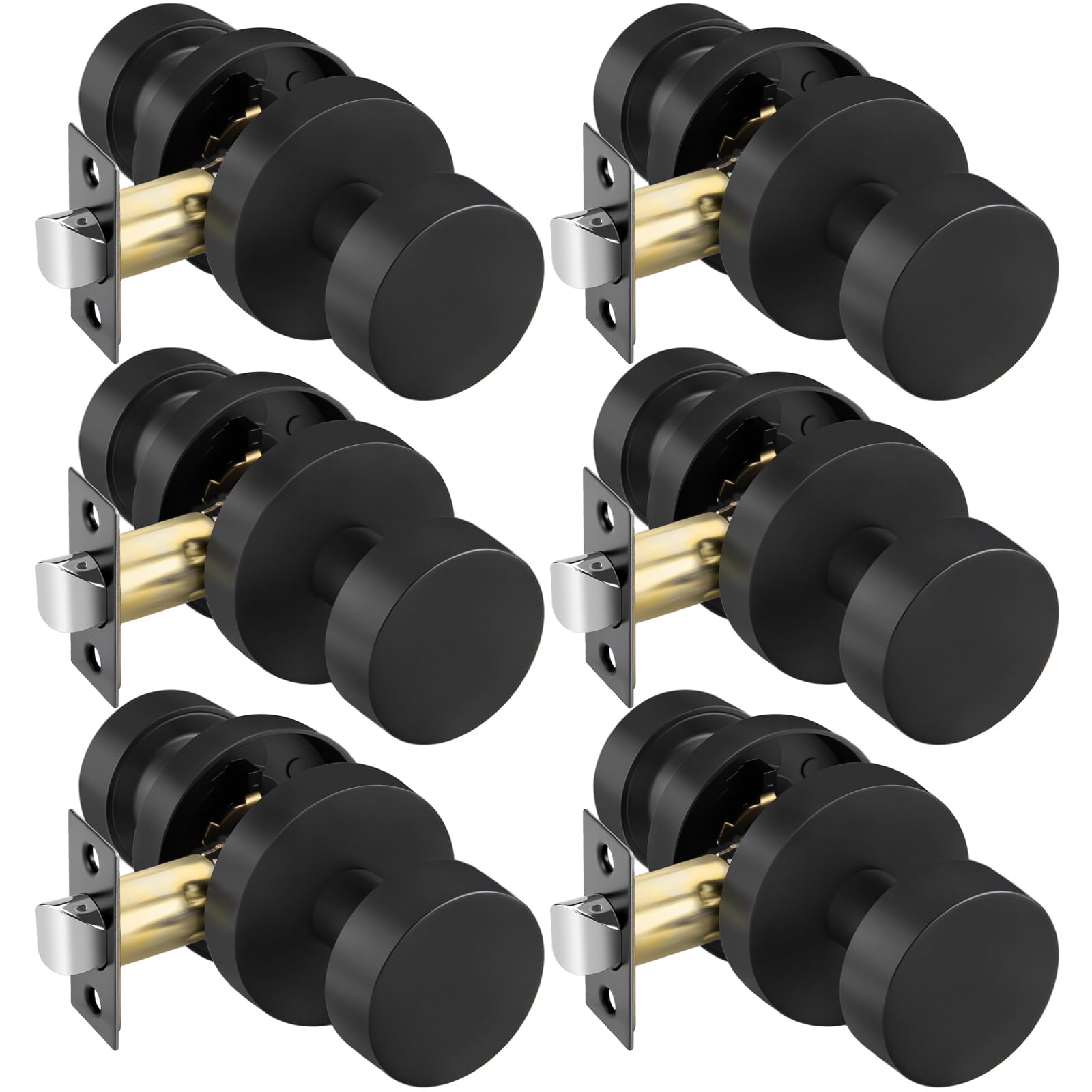 Goldenwarm Black Door Knobs Passage, Zinc Alloy Keyless Matte Black Door Knobs Interior for Hallway &amp; Closet &amp; Living Room, Non-Locking Function, Adjustable &amp; Reversible (6 Pack)