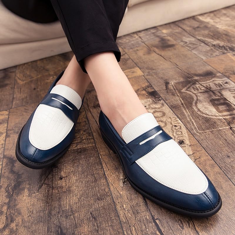 Formal Dress Shoes for Men Slip On Round Toe Two Tone PU Leather Penny Loafer Non Slip Low Top Rubber Sole Anti-Slip Outdoor(White Blue,9)4