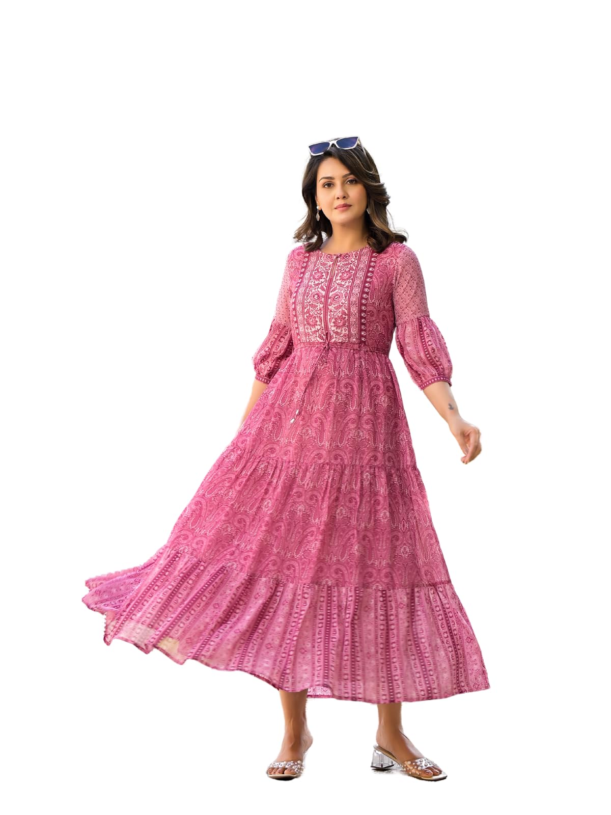 JuniperOnion Pink Ethnic Motif Printed Georgette Gathers Maxi Dress with Sequins & Doris