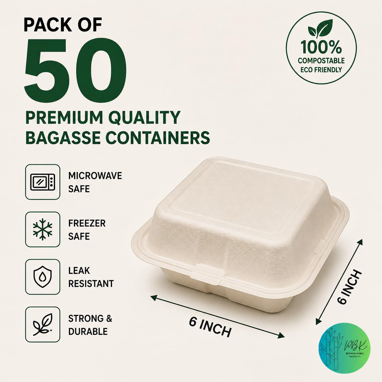 PBK - Paquete de 50 cajas de hamburguesas de bagazo (6 x 6 pulgadas), 450 ml, biodegradables, compostables y desechables para llevar (6 x 6 pulgadas, paquete de 50 unidades)