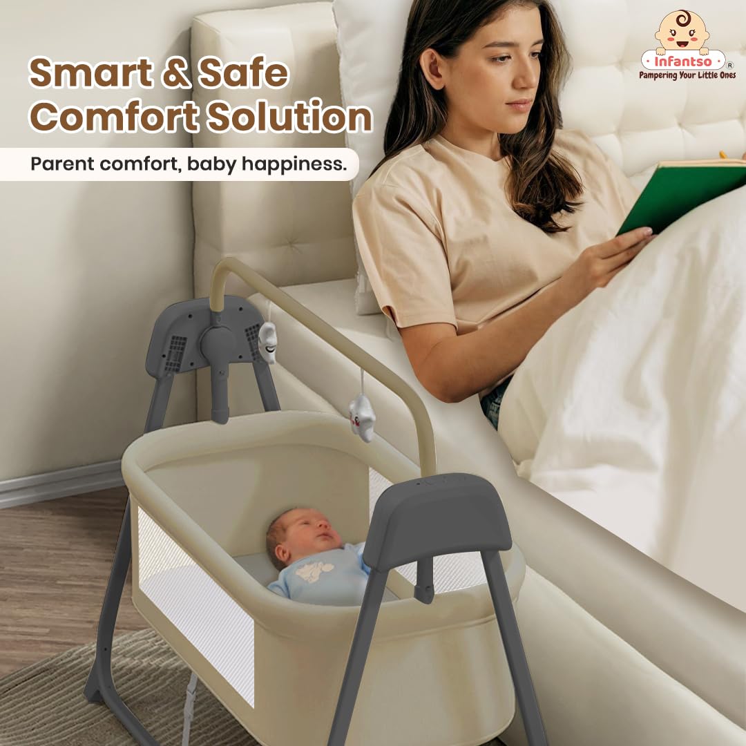 Infantso Premium Electric Baby Cradle Swing - Bluetooth & Remote Control Palna Jhula with Custom Swing Time, Adjustable 5-Speeds, Automatic Swing Cradle for 0-12 Months, Soft Mattress 4
