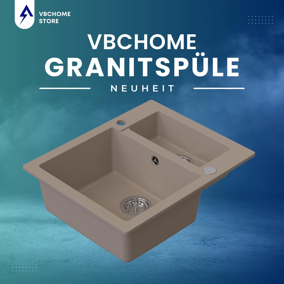 VBChome Spülbecken 60x50x20 cm Beige Granit 1,5 Becken Einbauspüle gesprenkelt Restebecken Siphon