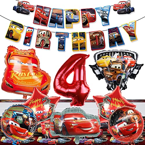 Décoration de fête Anniversaire pour Garçon,Kit Ballon Anniversaire avec Bannière Joyeux Anniversaire de Course pour Véhicule Thème pour Enfants Fan Voiture 4e Anniversaire Rouges McQueen Feuille Cover
