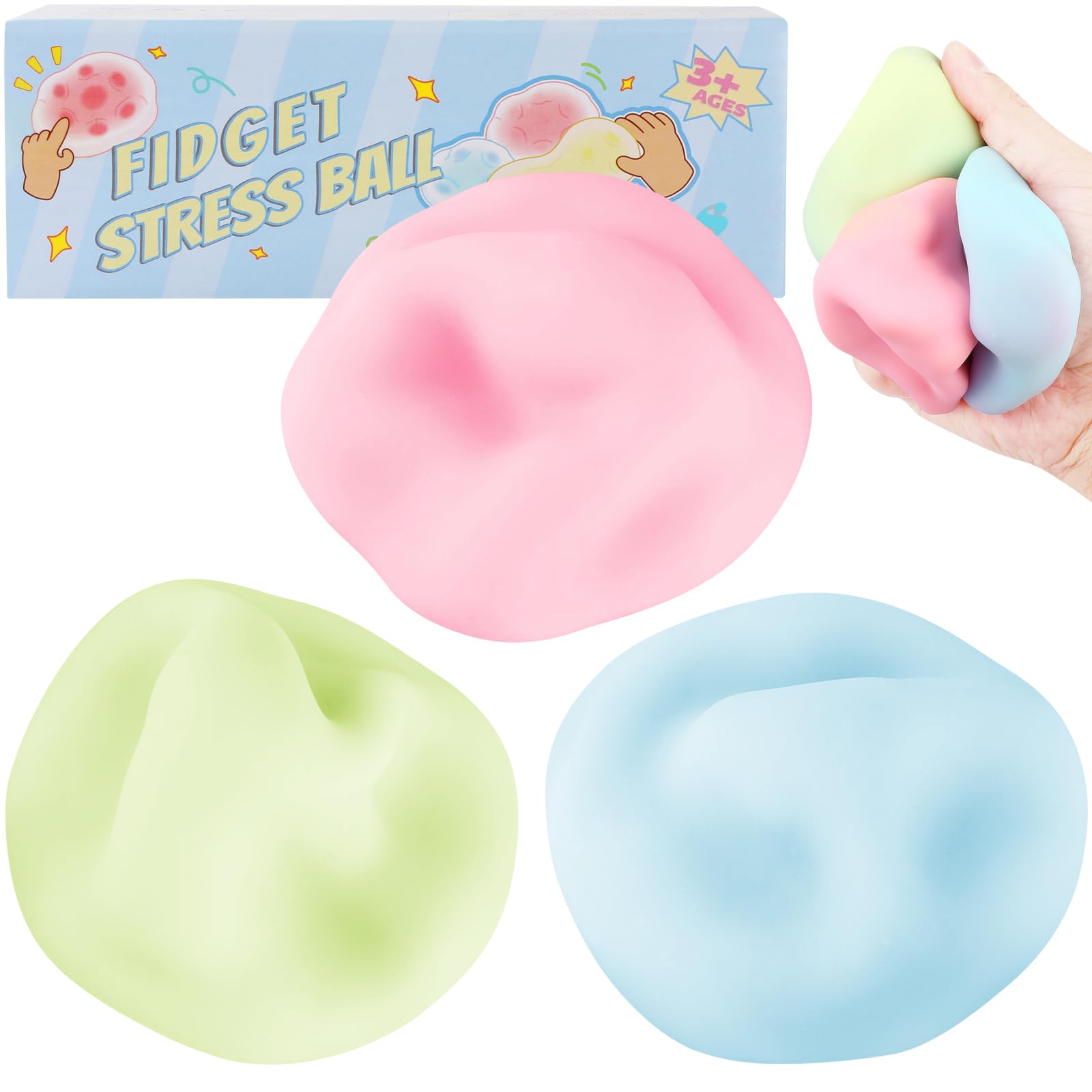 3-Pack Squishy Fidget Toys - Pink/Green/Blue Sugar Ball Set, Soft Stress Relief Balls for Kids & Adults, Ideal for School, Office & Anxiety Relief, Sensory Toys for Focus & Relaxation