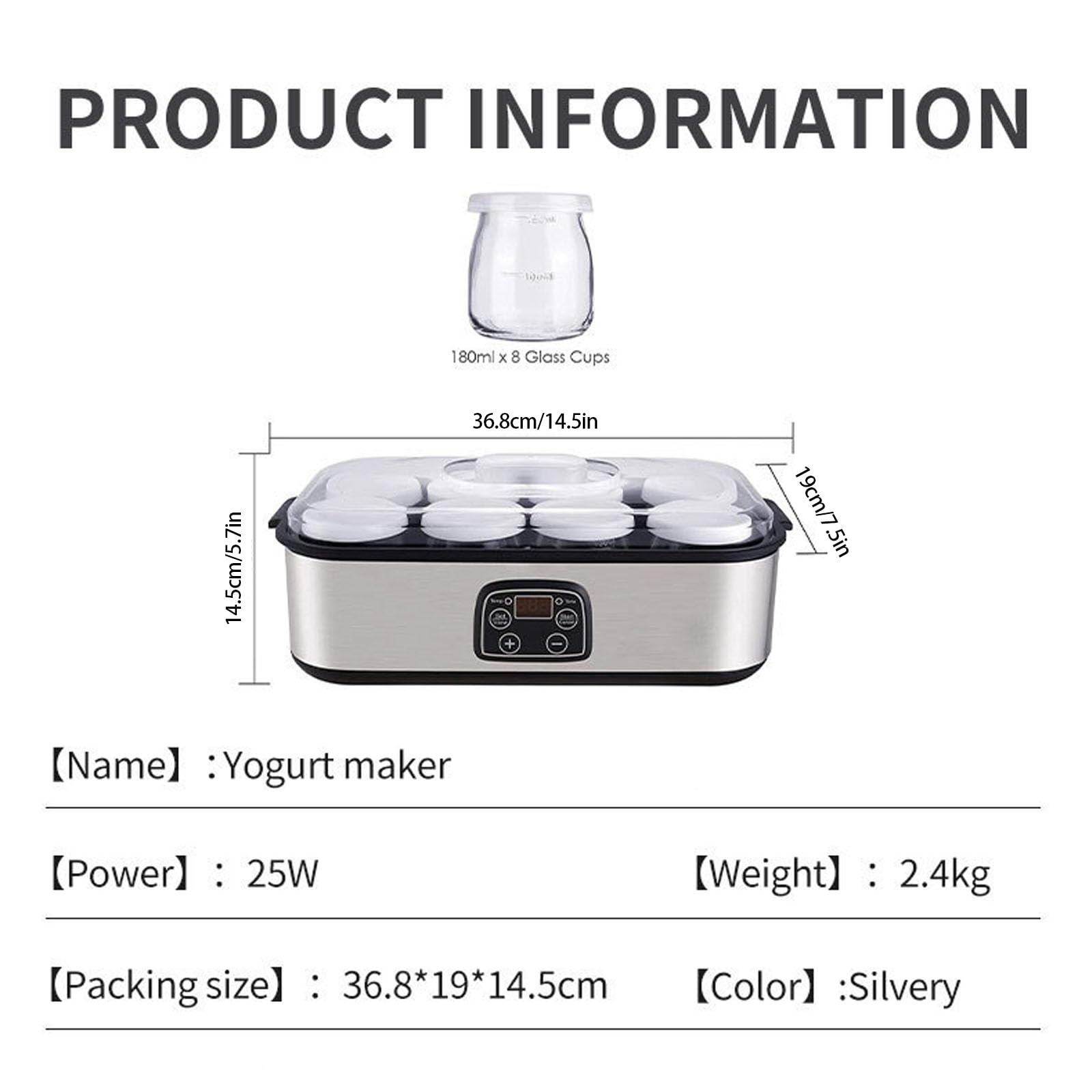 Automat do jogurtu 1400 ml z 8 słoikami 175 ml, automatyczna maszyna do jogurtu, z wyświetlaczem LED i timerem, 48 godzin pracy, do jogurtu domowej roboty, domowy sposób na zdrowie Prezenty
