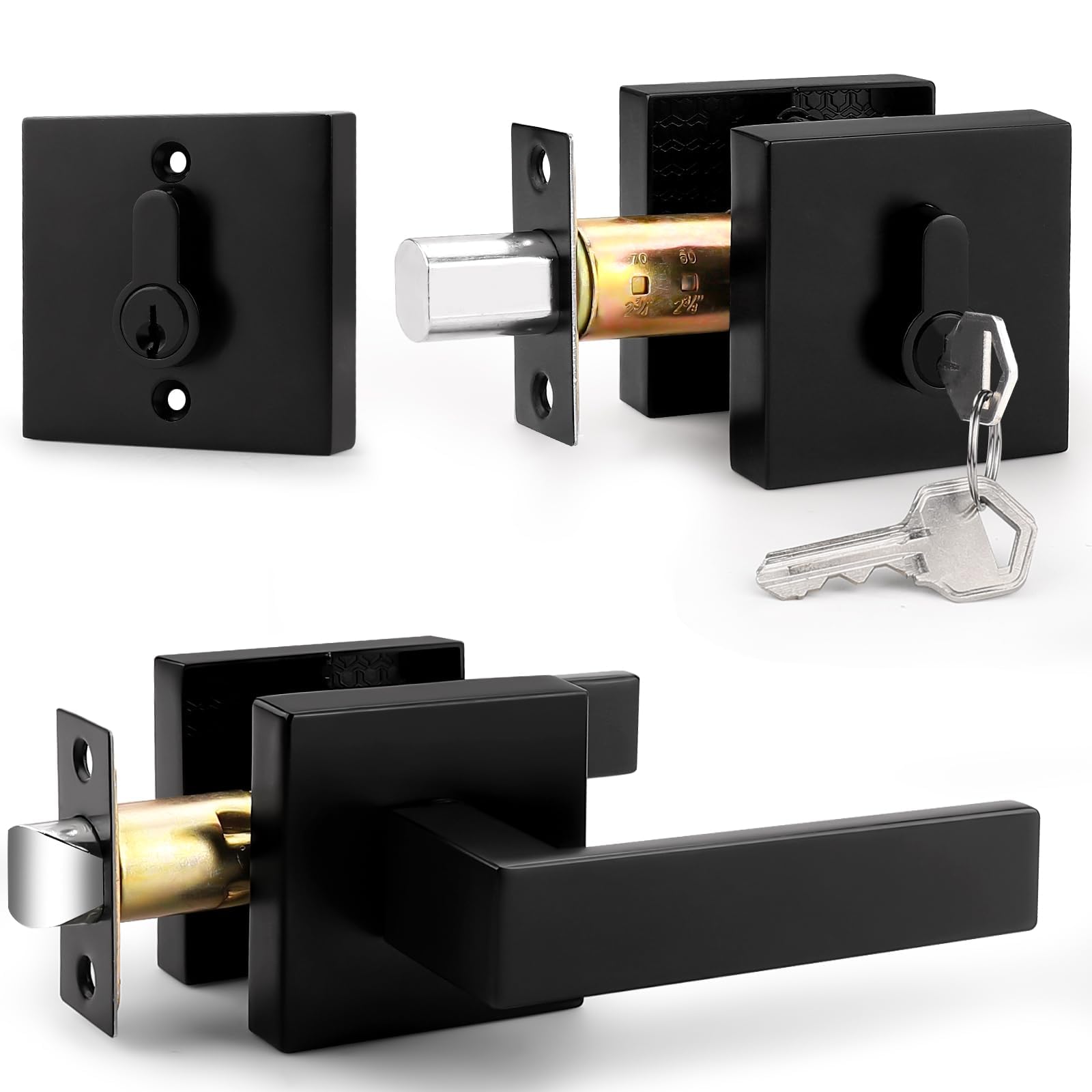 Probrico Juego de cerraduras de puerta exterior negro mate con cerrojo de seguridad, manija de paso de puerta delantera y cerrojo de doble cilindro con las mismas llaves, palanca de puerta cuadrada