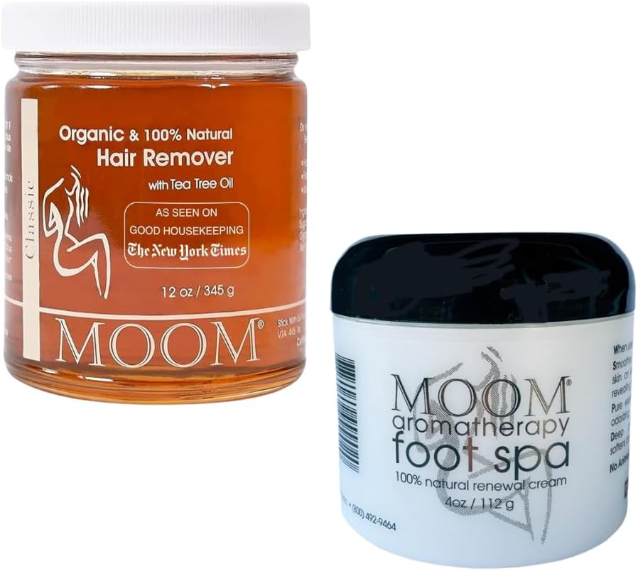 MOOM Organic Hair Removal Sugar Wax & Aromatherapy Foot Spa Bundle - 100% Natural Wax with Tea Tree Oil (12 oz) + Foot Cream with Essential Oils for Smooth, Moisturized Skin