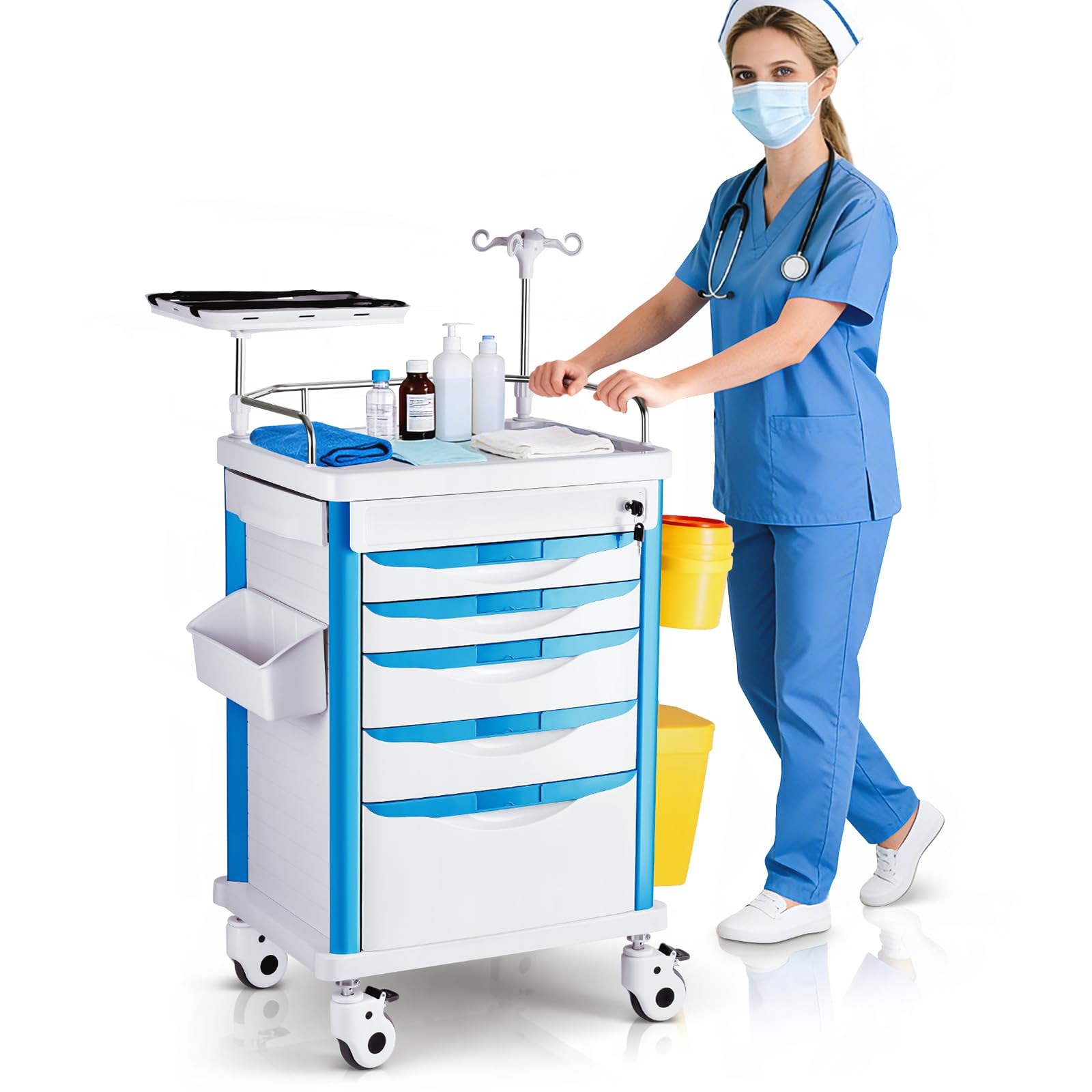 Crash Cart Medical ABS Material, Medical Cart with Drawers, Adjustable IV Pole, Silent Casters, Trash Bins, O2 Holder, Needle Disposal Holder, CPR Board, Nursing Cart for Hospital Clinic