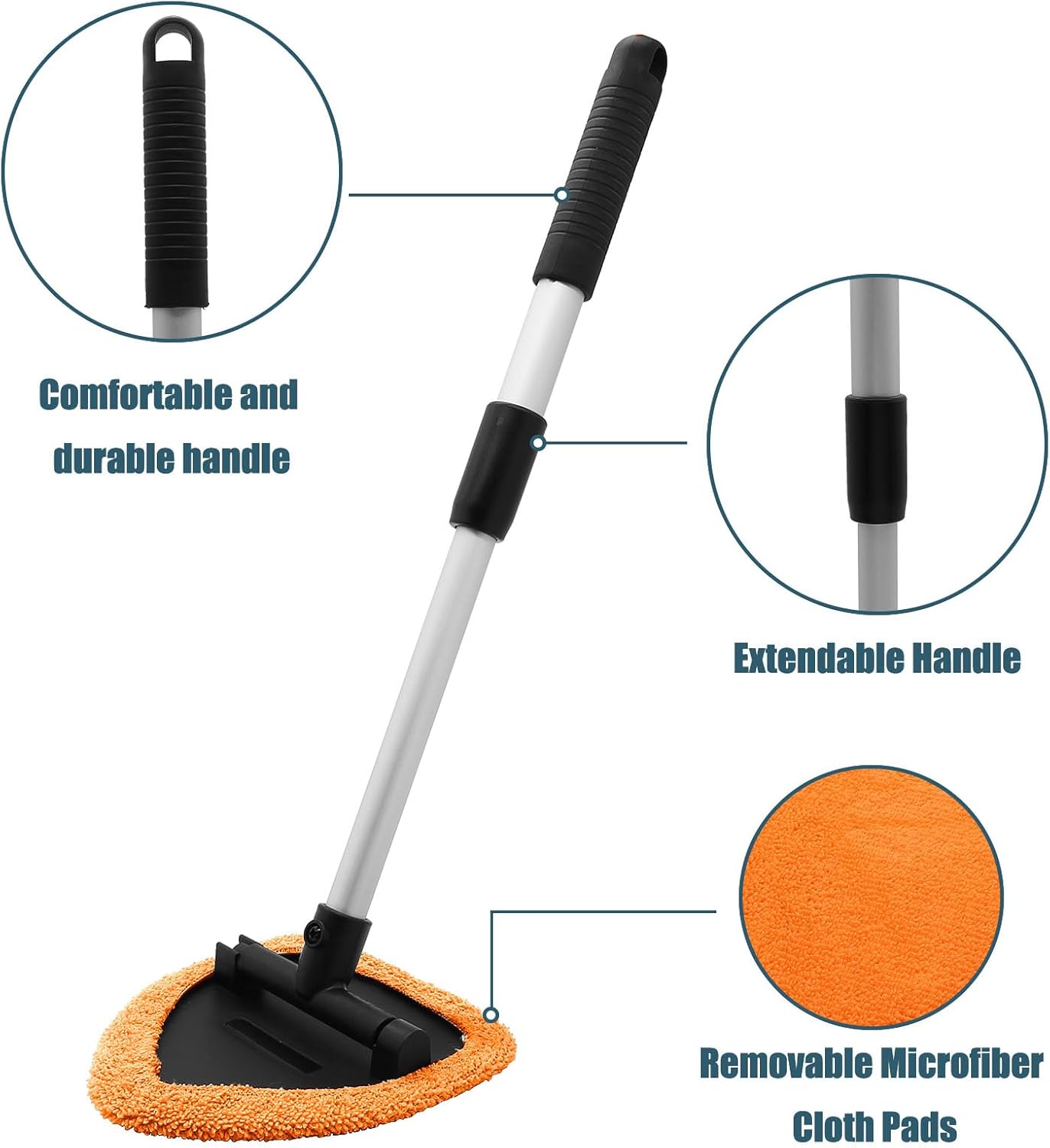 Car Window Cleaner Kit Windshield Cleaning Tool with Extendable Long Handle and 3 Washable Reusable Microfiber Pads, Orange 3 Car Window Cleaner Kit Windshield Cleaning Tool with Extendable Long Handle and 3 Washable Reusable Microfiber Pads, Orange