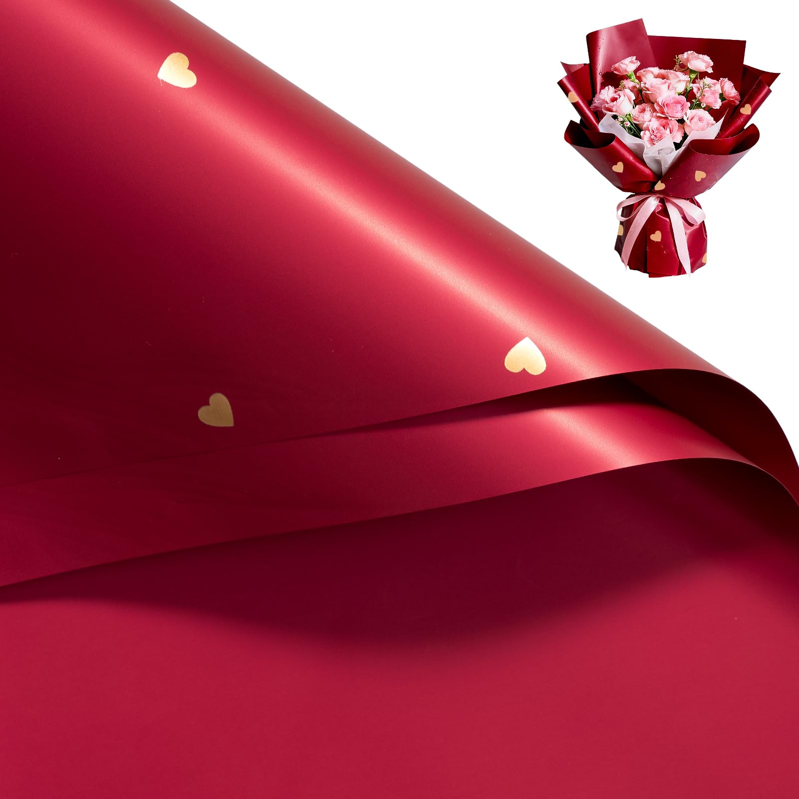 RUSPEPA 20 Sheets Flower Wrapping Paper - 57x57 cm Wine Red and Heart Pattern Water-Resistant Floral Bouquet Wrapping Paper, Florist Supplies Packaging for Valentine's Day Wedding