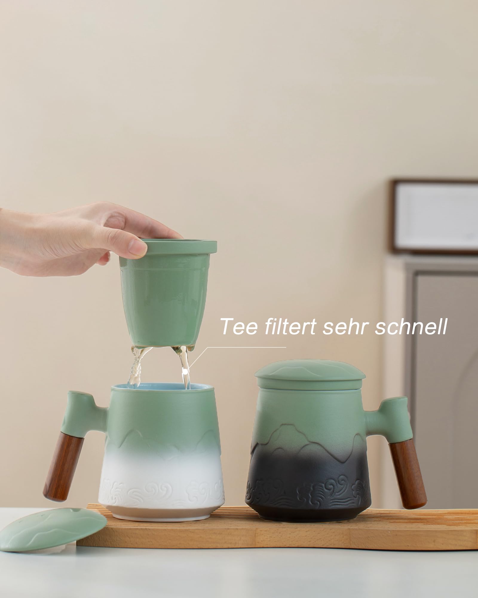 ZENS Teetasse mit Deckel und Sieb, 450 ml Große Holzgriff Teebecher mit Teesieb für Losen Tee, Geprägtem Keramik Teetassen und Untersetzer Set, Geschenke für Teeliebhaber, Moosgrün und Weiß