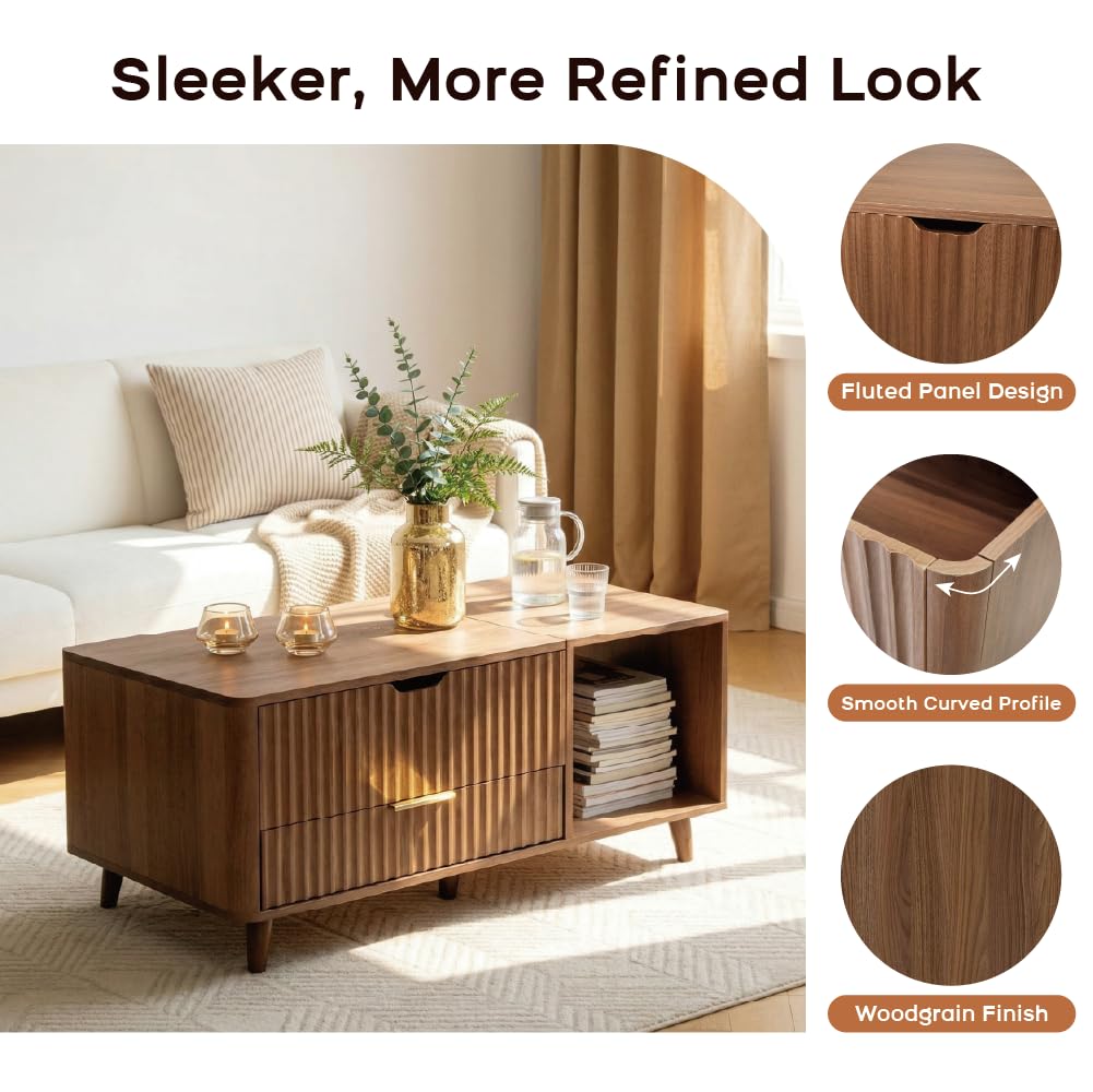 DAWYNIELD Mesa de Centro Elevable, Diseño Acanalado – con Compartimento Oculto y Cajón, Mesa de Madera con Estante Abierto, Mesa de Comedor Ahorradora de Espacio para Salón, Color Roble