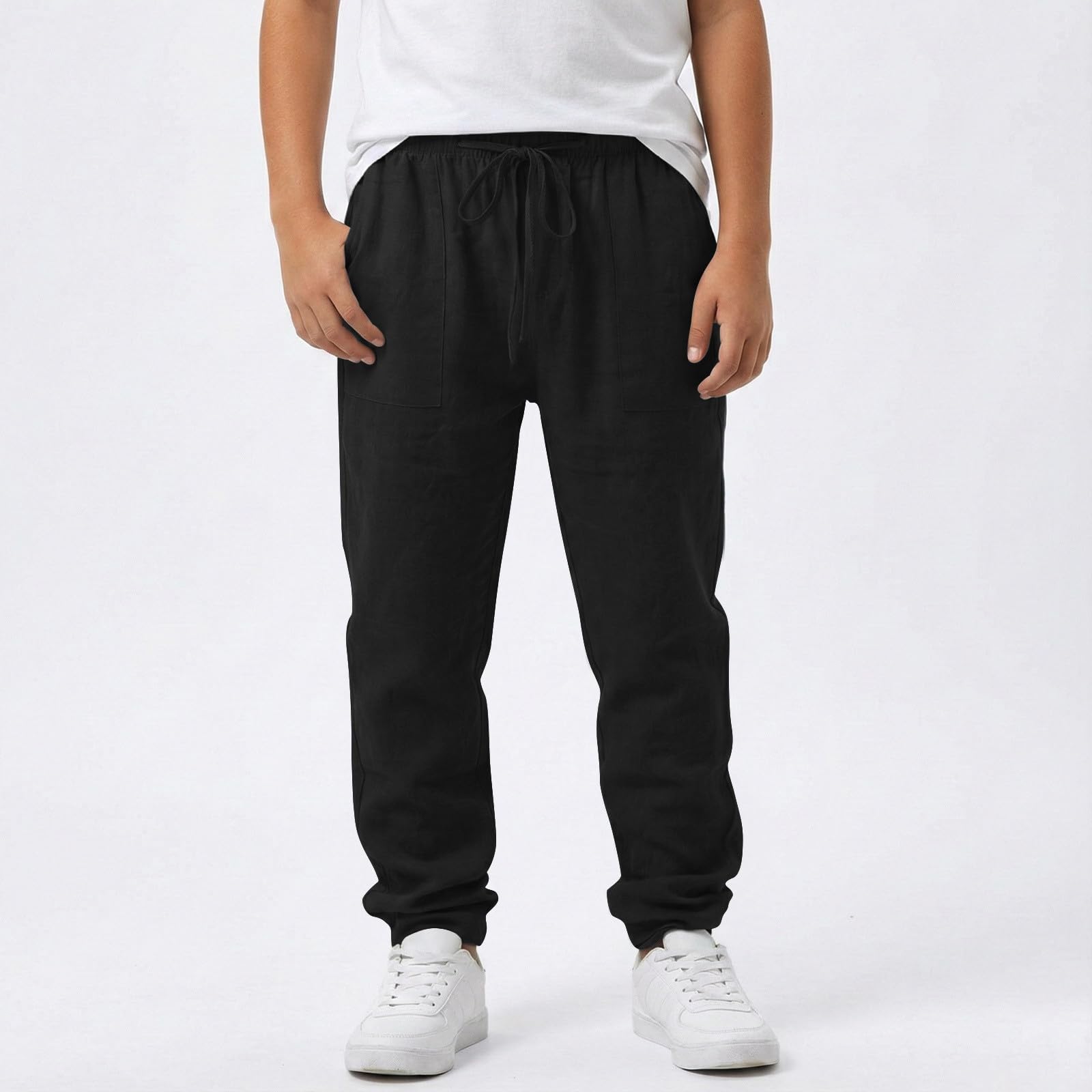 Generisch Pantalon en lin respirant pour garçons et filles, jambe droite, pantalon de loisirs confortable avec taille élastique pour jouer, pour les activités de plein air
