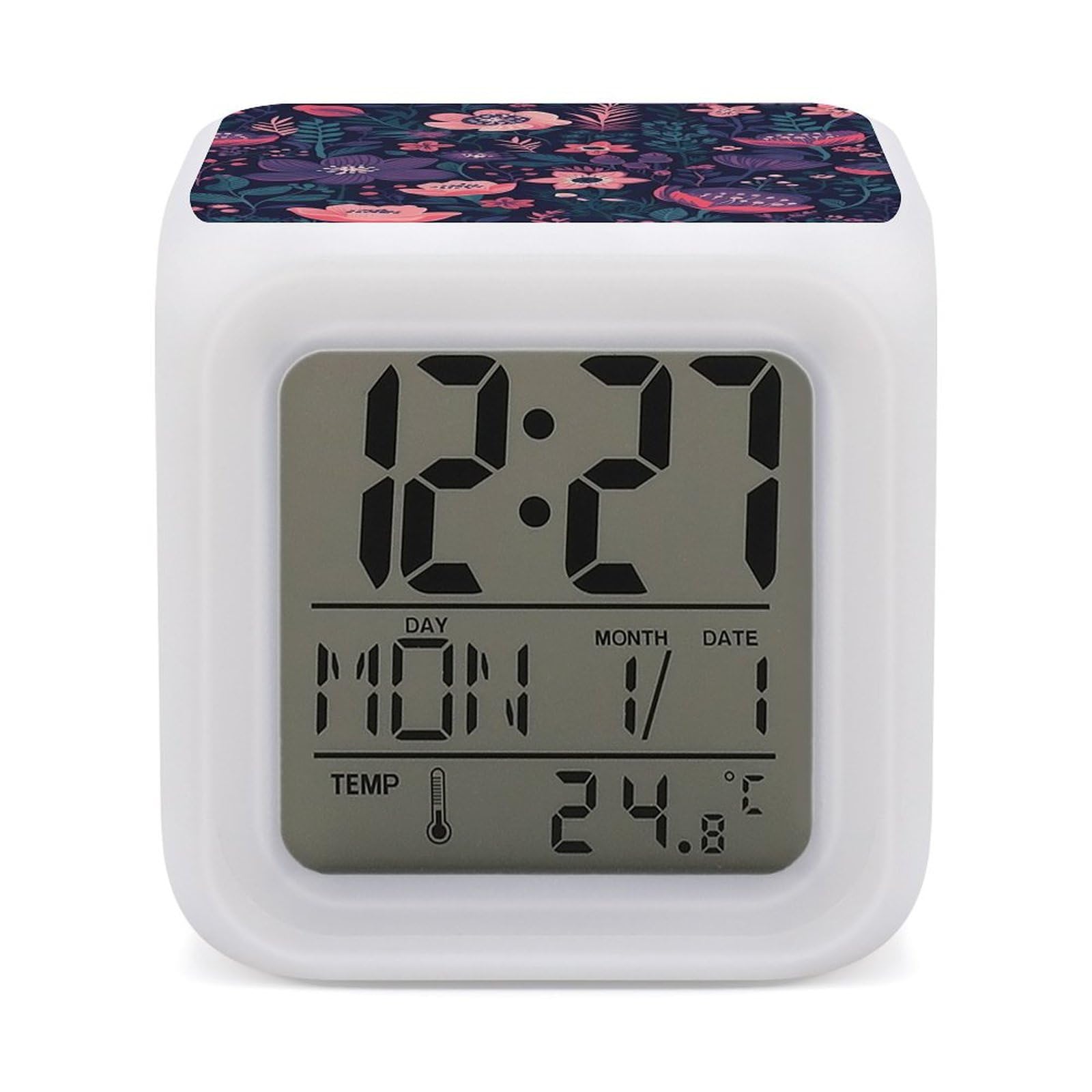 JTREHY 7 Color Changing LED Digital Alarm Clock,Colorful Garden Printed Wake-up Clock with Temperature Display Home Decoration Alarm Clock for Bedroom Office
