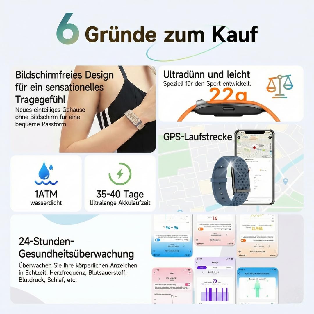 Smartband Fitness Tracker Premium (ohne Display) | Inkl. 2 Armbänder | Schrittzähler, Puls & Schlaf etc. | 20 Tage Akku, IP68 Wasserdicht | Damen & Herren | Android & iOS