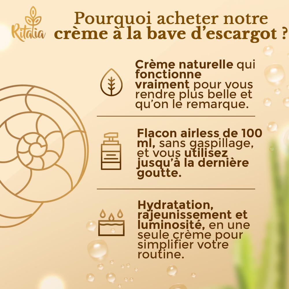 Crème visage 100 ml à la bave d'escargot à 75% et à l'acide hyaluronique pur de Ritalia, pour femme et homme – Ingrédients bio, action anti-rides et hydratante