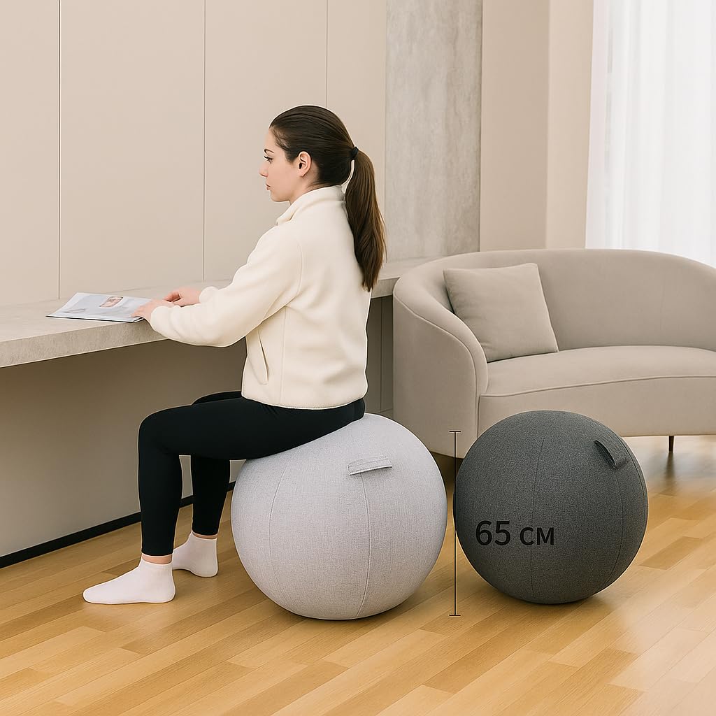 DreamNest - Siège Ballon de Yoga 65 cm | Balle de Gym Transformable en Chaise de Bureau | Tissu Chiné Confortable | Idéal Posture, Gainage, Bureau Ergonomique
