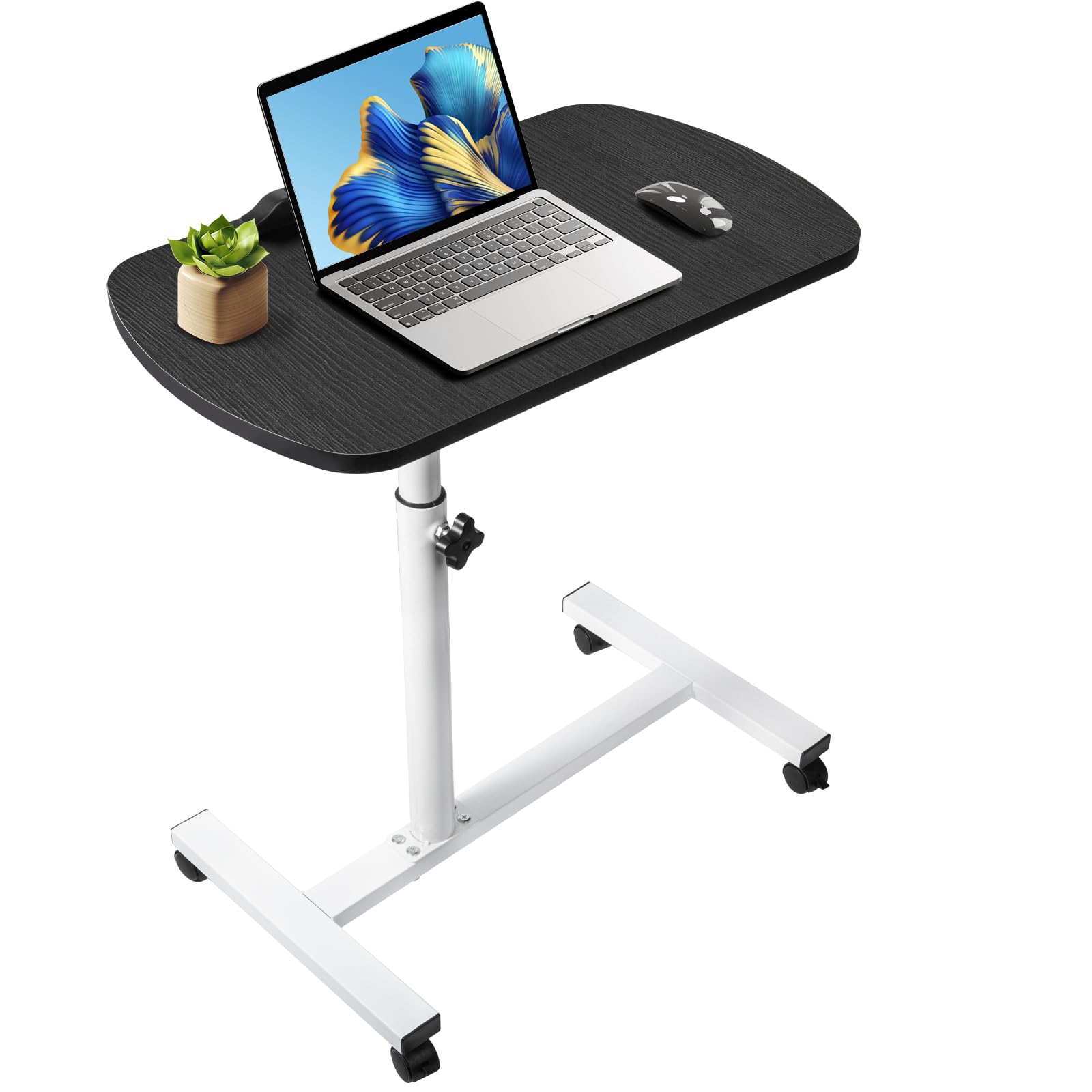 INFOSUN Overbed Bedside Table with Rolling Wheels 80x40x90cm C Shape Side Table Adjustable Height Hospital Bed End Table Sofa Large Laptop Side Table for Couch, Living Room Laptop Table (Black)