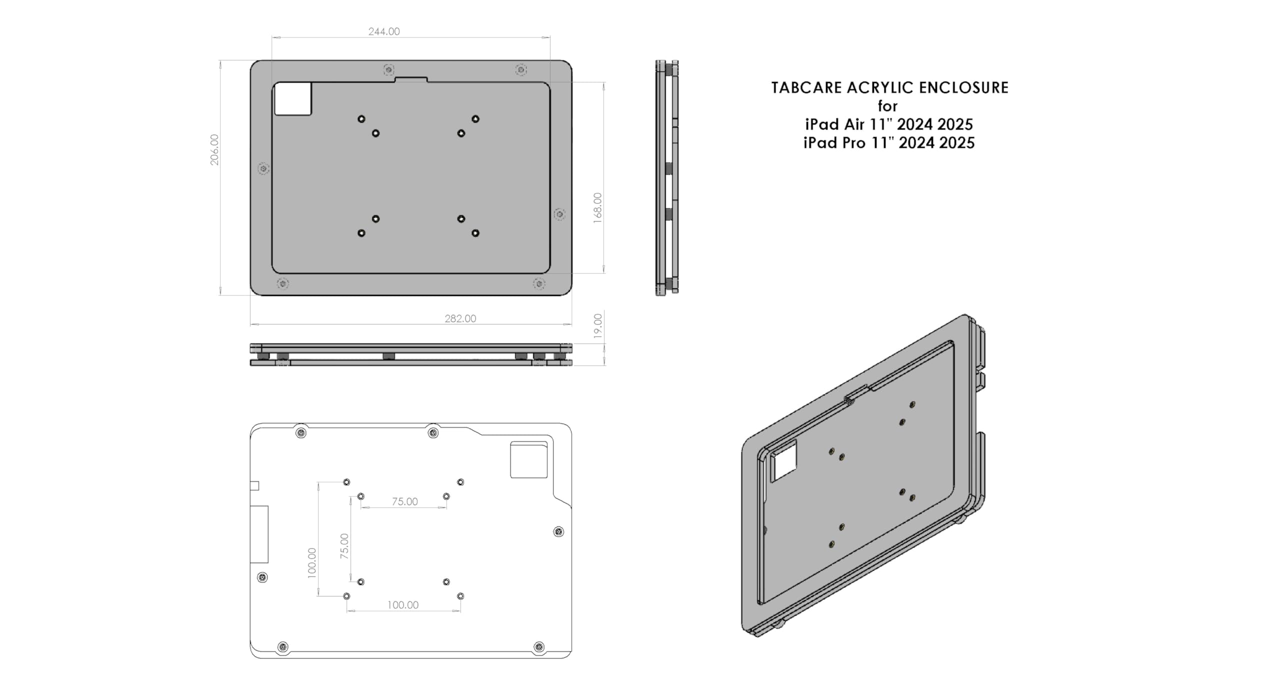 Enclosure VESA antifurto in acrilico per Apple iPad Pro 11" 2024 (5a generazione) con kit di montaggio a parete gratuito e cavo USB C ad angolo di 90 gradi (iPad Pro 11 2024, nero)
