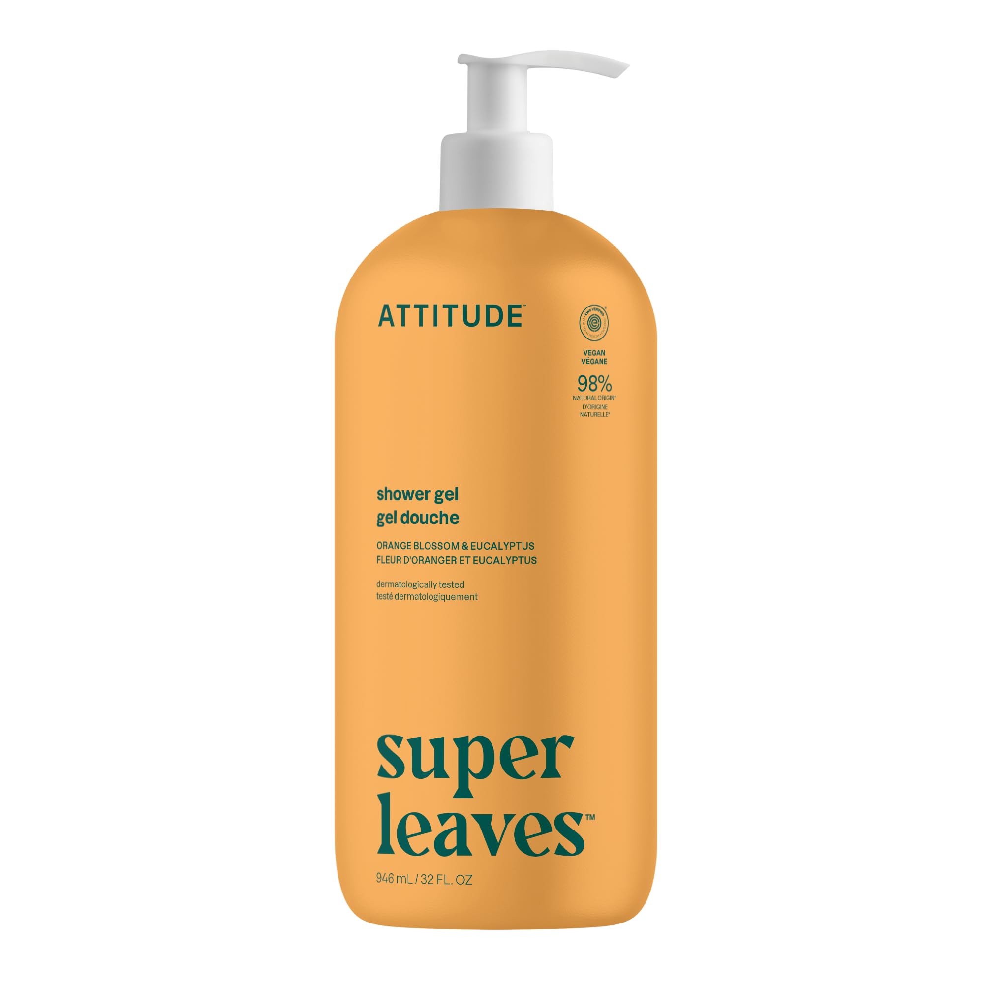 AttitudeBody Wash, EWG Verified Shower Gel, Dermatologically Tested, Plant and Mineral-Based, Vegan Personal Care Products, Orange Leaves, 32 Fl Oz