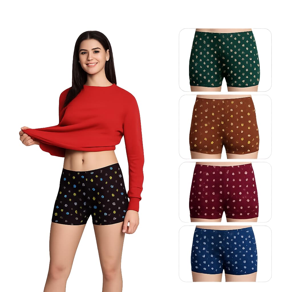 Women Printed Cotton Bloomer Shorts | Breathable Cotton Innerwear Briefs | Elastic Waist Comfortable Underwear | Multicolor Pack of 4-image-4