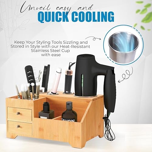Miniatura 3 de SOLO DELIGHT NeatSpace Organizador de herramientas para el cabello, soporte para secador de pelo de bambú, almacenamiento de tocador, soporte para
