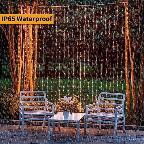 Dekofun Solar Curtain Lights 3m x 3m 300 LED Curtain Fairy Lights with Remote, 8 Modes Waterproof Outdoor Garden Solar Waterfall Fairy Lights for Pergola Gazebo Wedding Party Decorations - Warm White
