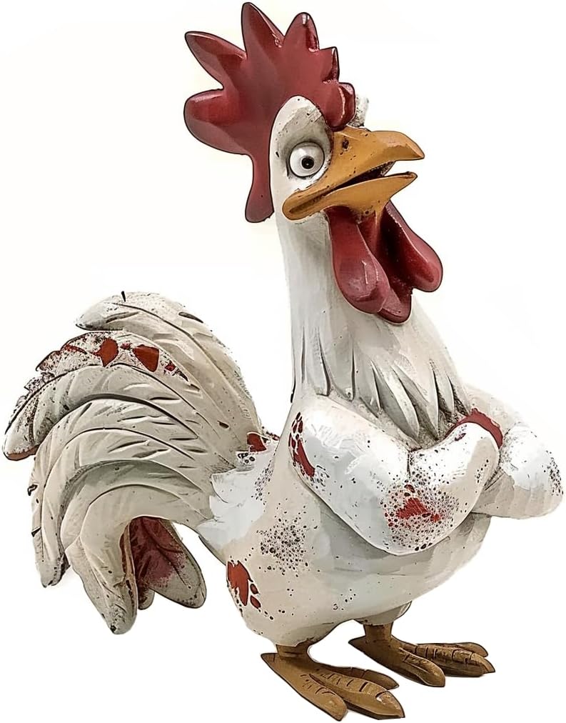 Bicuzat Funny White Rooster Statue, Resin Table Art Sculpture Funny Rooster Figurine Decoration, Rustic Country Tabletop Decoration, Farm Animal Kitchen Countertop Ornament, 6 Inches Tall-A