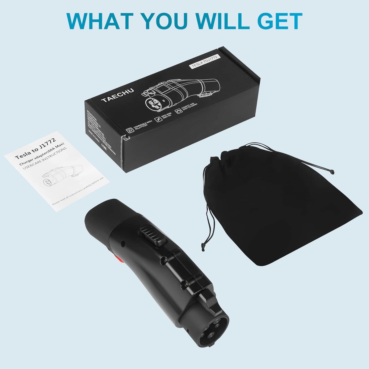 TAECHU Tesla to J1772 Adapter, Max 60 Amp & 250V, Only for J1772 EV Charging Adapter with Anti-Drop Lock, Compatible with Tesla Wall/Destination/Mobile Chargers（with A Storage Case）