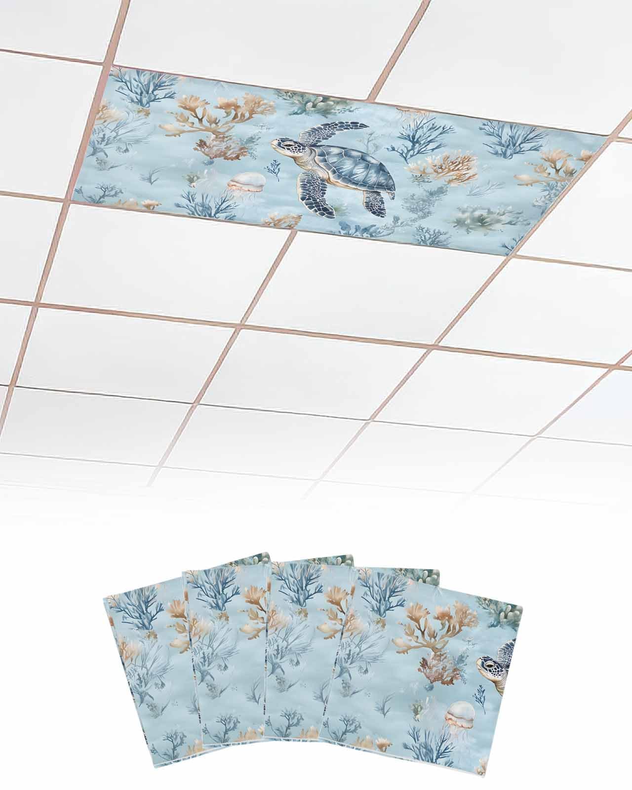 EwdeWwo Sea Turtle 4 Pcs Fluorescent Light Covers for Ceiling Lights, Ocean Jellyfish Coral Summer Magnetic Light Filters for Eliminate Harsh Glare Classroom Office Decoration, 4 x 2 Ft